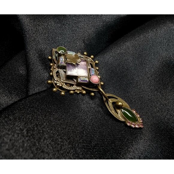 Rare Vintage Sorrelli Signed Brooch With Dangle Pendant Gold-Tone Rhinestones - Picture 2 of 5